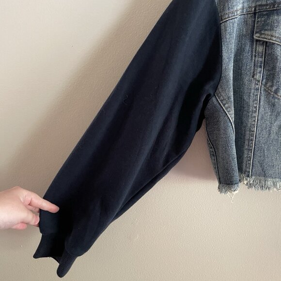 Mod Ref Women M Renee Boxy Cropped With Sweatshirt Sleeves Denim Jean Jacket - Picture 6 of 12